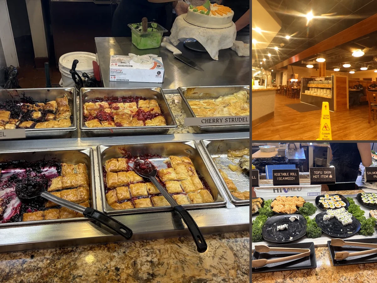 Buffet line with varied hot dishes and sushi rolls.