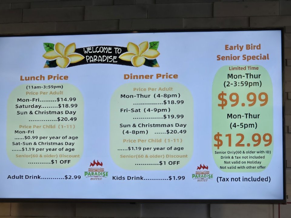 Drinks menu with adult and kids drink options.