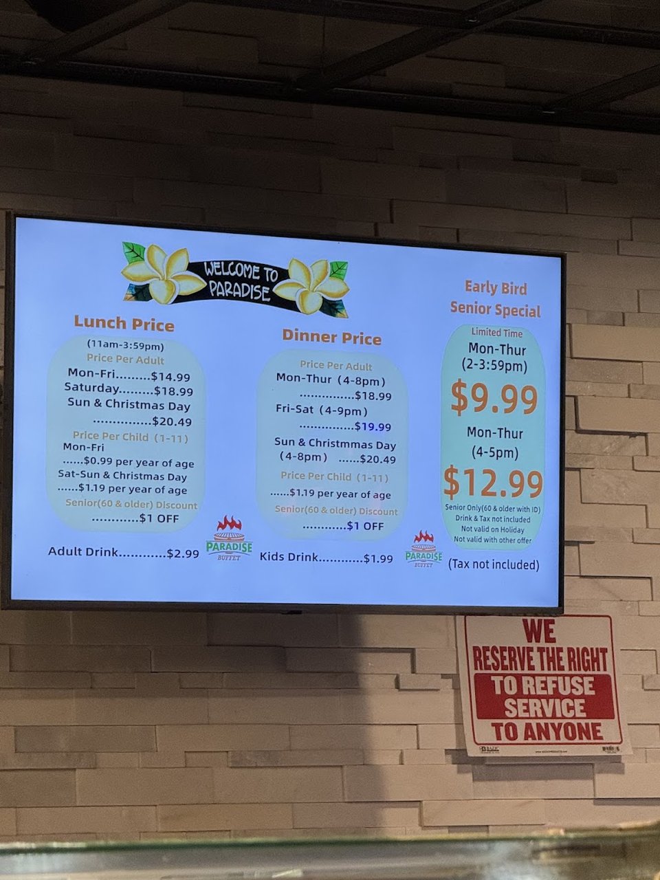 Printed buffet menu with daily price categories.